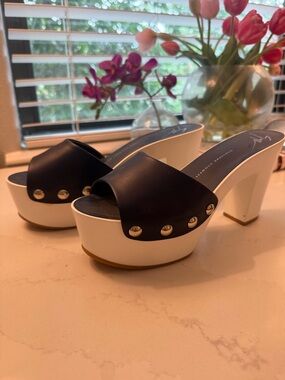 Giuseppe Zanotti Blue and White Studded Platform Mules